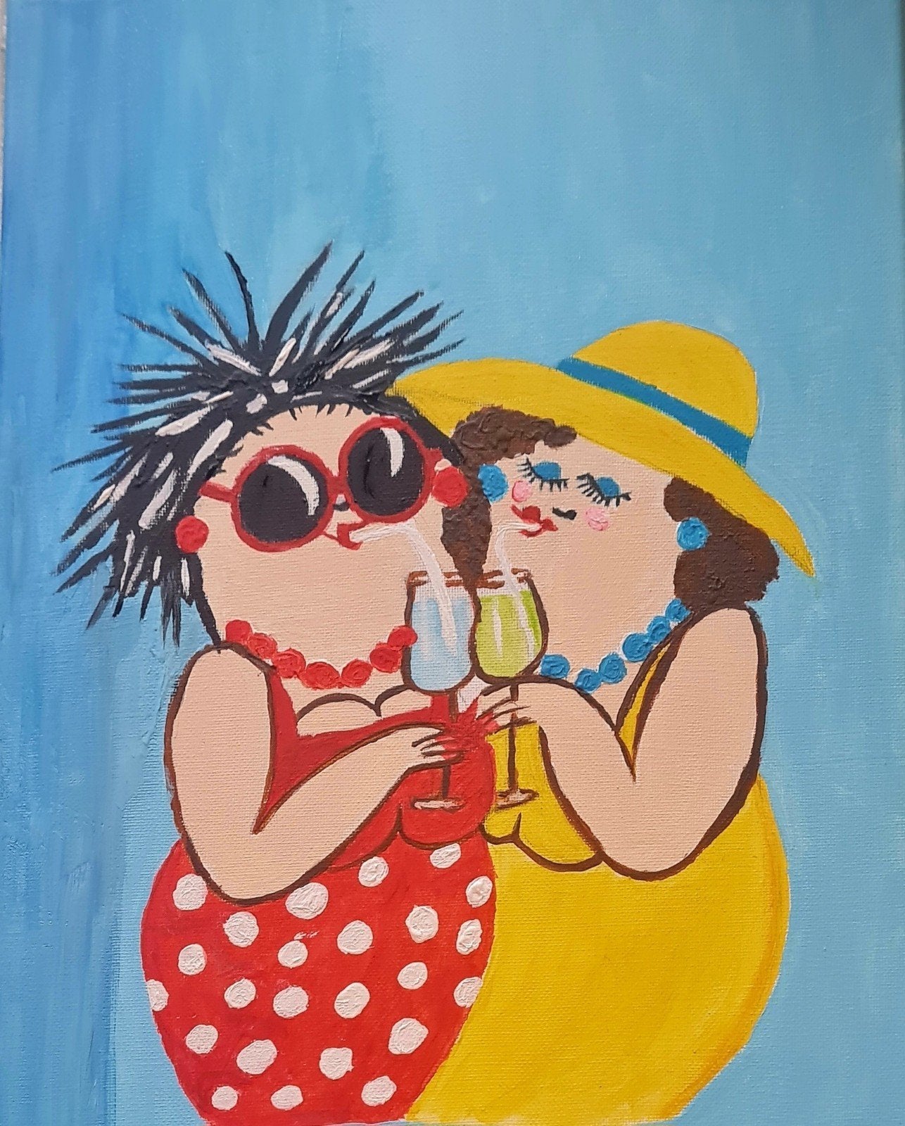Vrolijk schilderij van twee dames met cocktails, Acrylverf, Doek, Portret of Personen, Realistisch