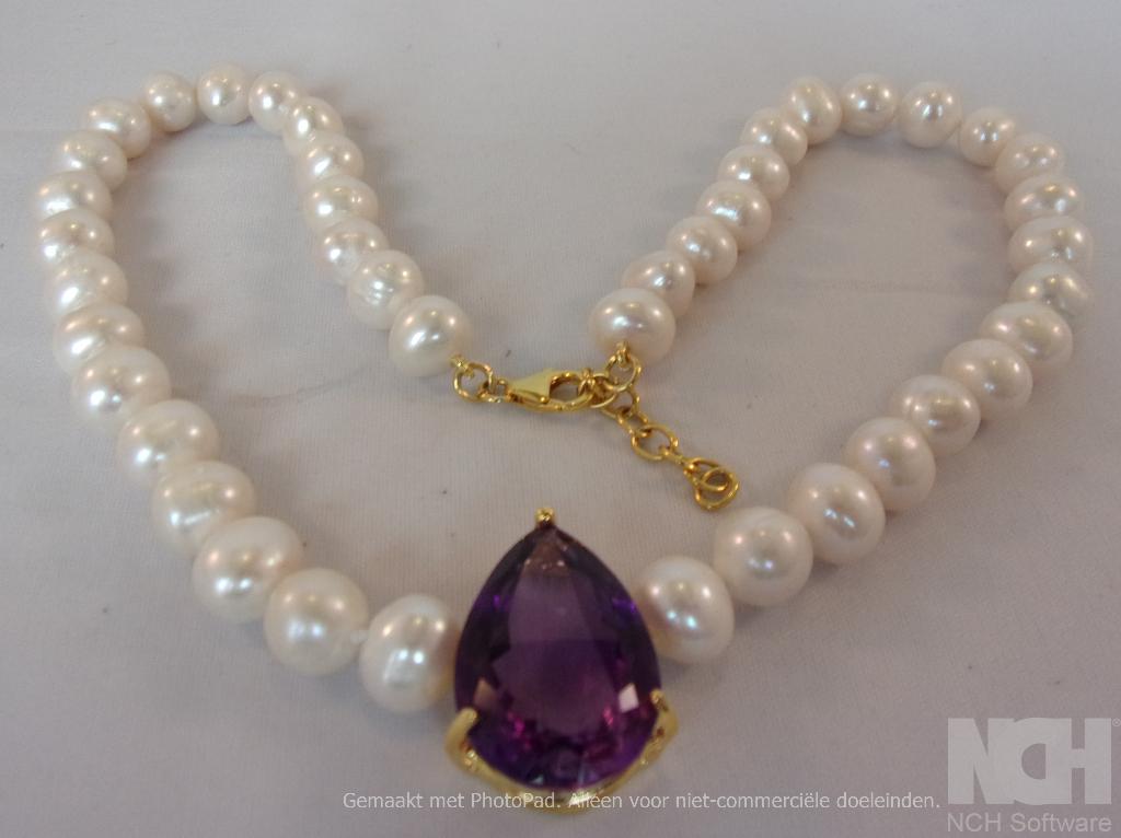 Parelketting met Amethist en 14K Verguld Zilveren Slot, Verzenden, Wit, Nieuw, Verstelbaar