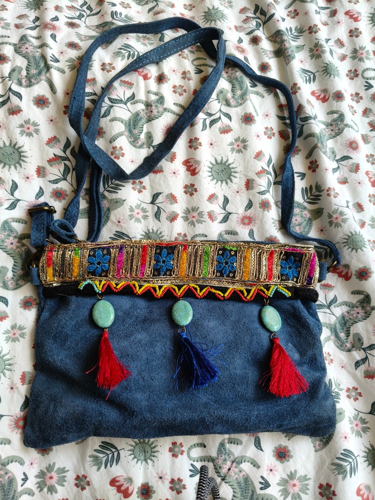 Boho schoudertasje van echt leer met kwastjes, Verzenden, Nieuw, Blauw, Schoudertasje