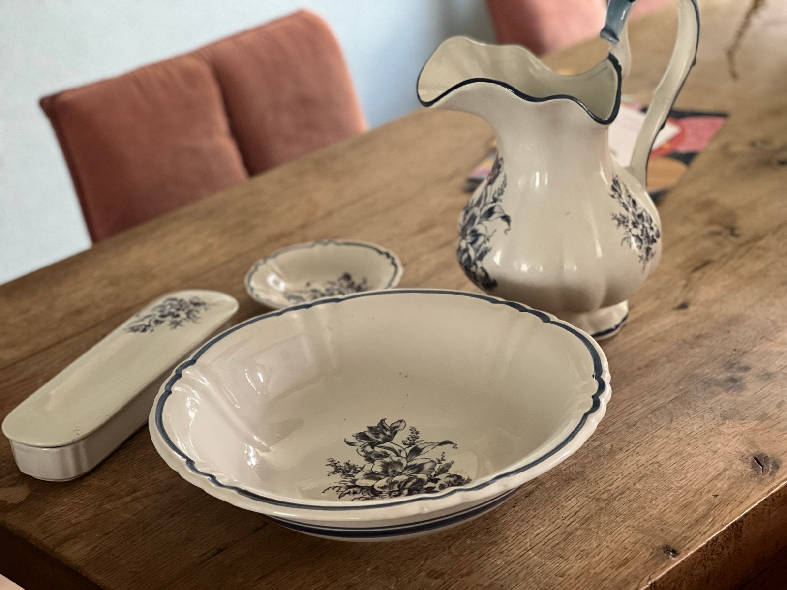 Antieke lampetstel (waskom) met bloemmotief, Antiek en Kunst, Ophalen