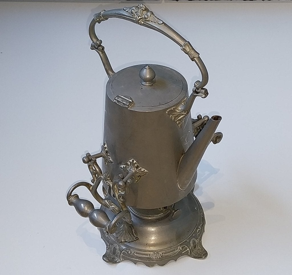 Antiek tinnen theepot met warmhouder, begin 1900, Ophalen of Verzenden