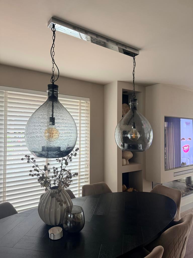 Handgemaakte smoked glass hanglampen - Set van 2, Ophalen of Verzenden, Zo goed als nieuw, Glas