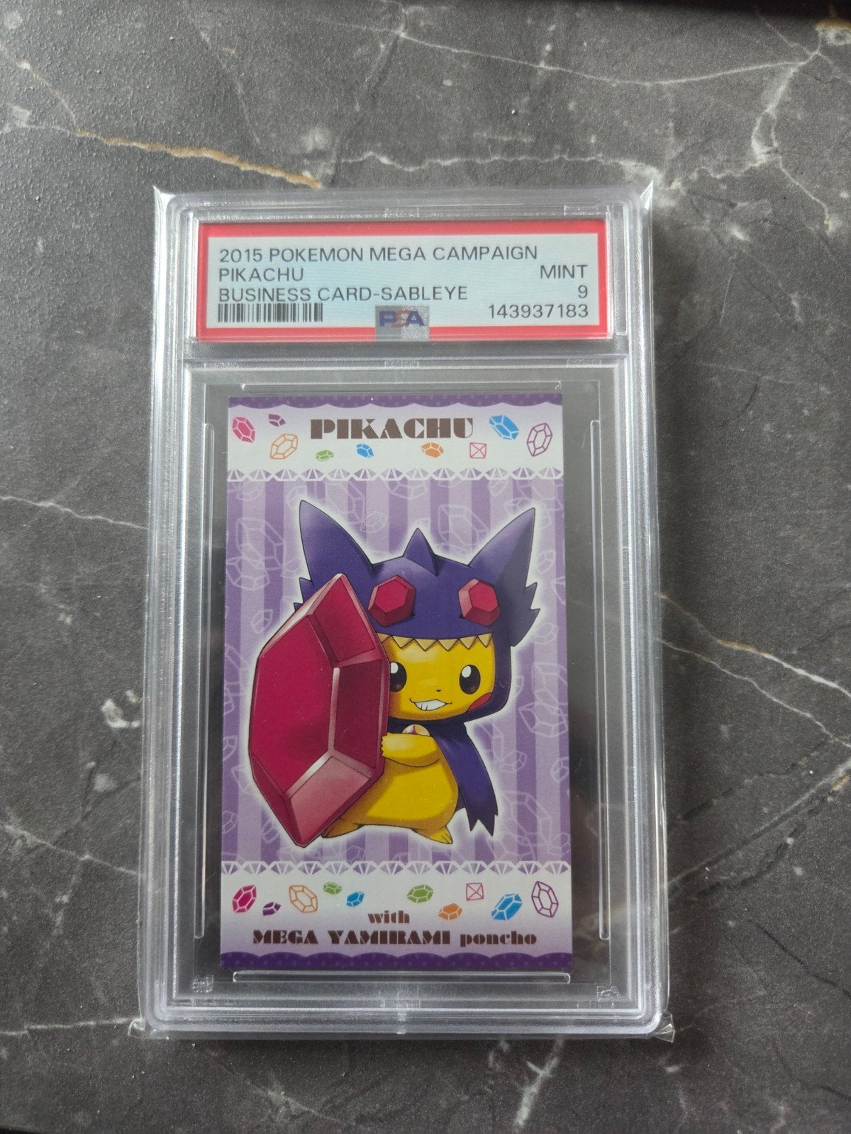 Pikachu Mega Sableye Poncho Business Card 2015 PSA 9, Ophalen of Verzenden, Zo goed als nieuw, Losse kaart