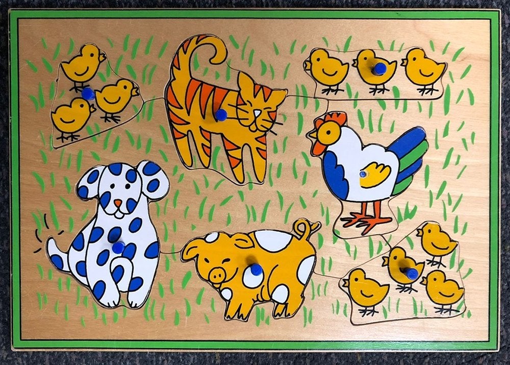 Knoppuzzel boerderijdieren - poes hond varken kip kuikens, Ophalen of Verzenden, Zo goed als nieuw, Van hout, Minder dan 10 stukjes