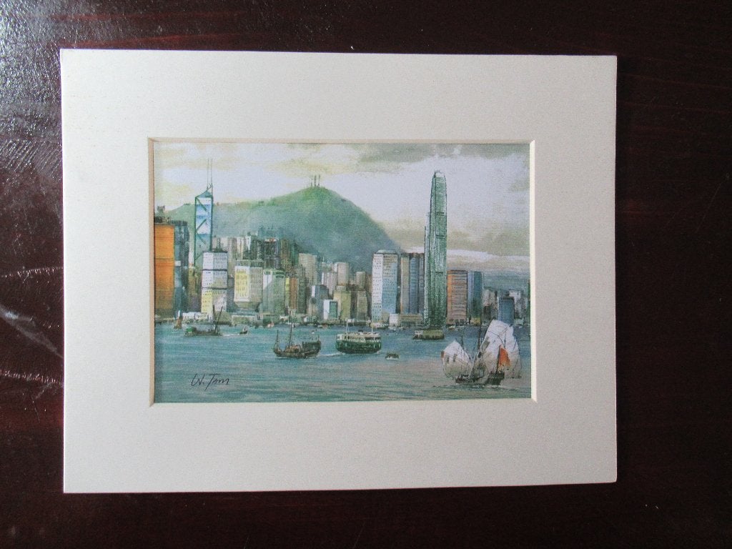 HONG KONG Aquarel ingelijst gesigneerd 25x20 cm € 25, Ophalen of Verzenden, Gesigneerd, Stads- / dorpsgezicht