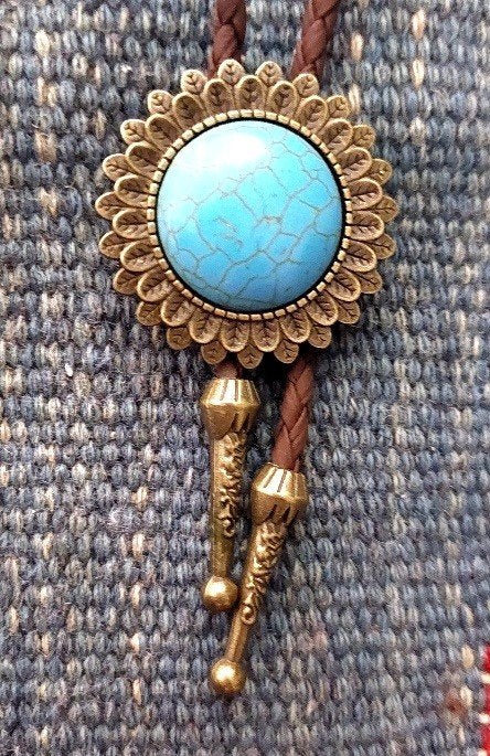 Vintage Bolo Tie met Turkoois Steen - Westerse Stijl, Overige materialen, Gebruikt, Blauw, Ophalen of Verzenden