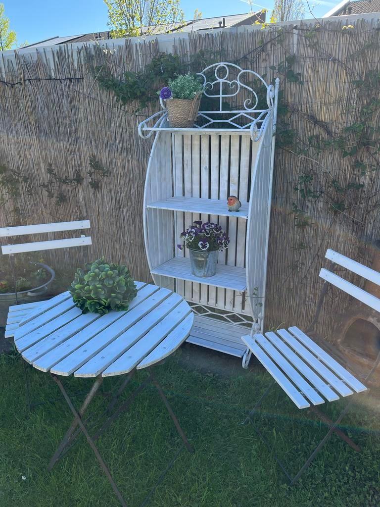 Brocante Tuinset met tuinkast, 2 zitplaatsen, Gebruikt, Eettafel, Ophalen of Verzenden