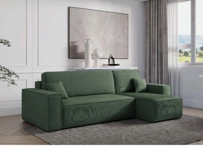 Groene ribstof hoekbank en slaapbank, Ophalen, Gebruikt, 100 tot 125 cm, Hoekbank