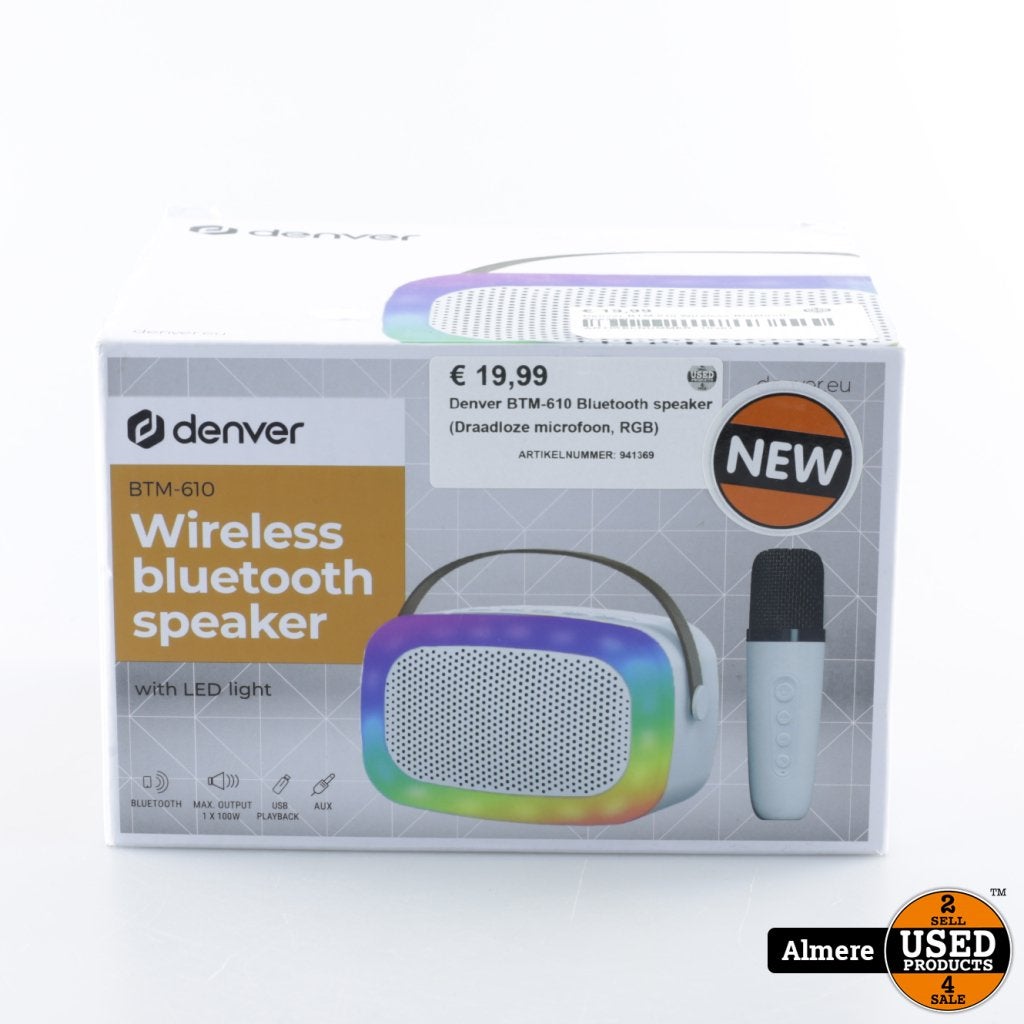 Denver BTM-610 Bluetooth speaker (Draadloze microfoon, RGB), Denver, Gebruikt, Support@denver.com, Omega 5A, Soeften
DK-8382 Hinnerup
Denmark