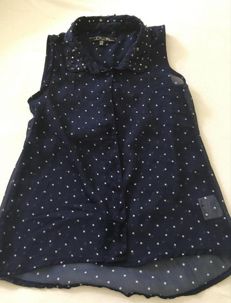 Donkerblauwe blouse met stippen en kraagje, Ophalen of Verzenden, Gebruikt, Meisje, Overhemd of Blouse