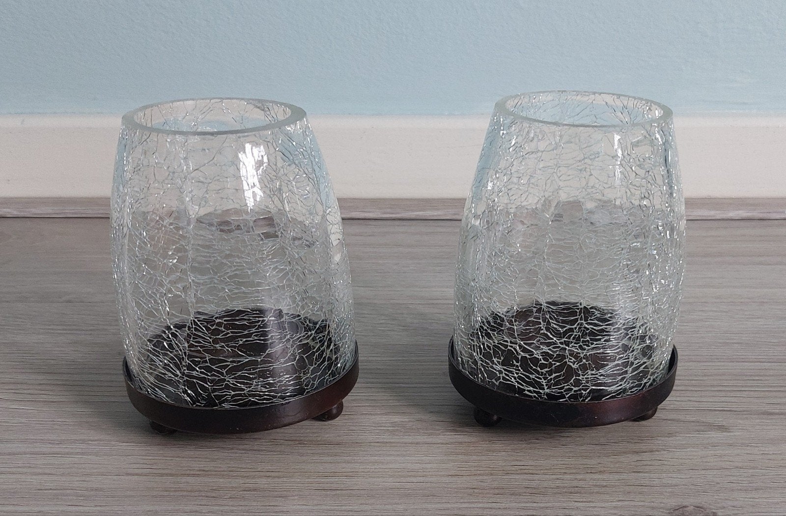 Set van 2 glazen waxinelichthouders met craquelé effect, Huis en Inrichting, Woonaccessoires | Kandelaars en Kaarsen, Ophalen
