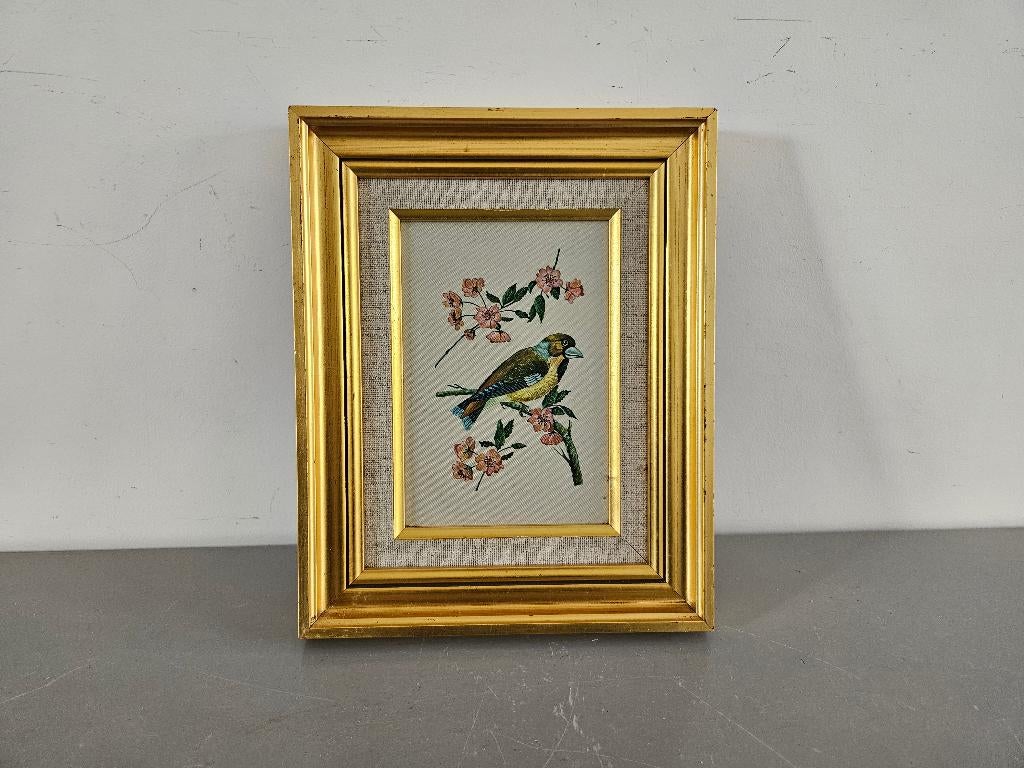 Prent van vogel op zijde gewevenstof, Antiek en Kunst, Ophalen of Verzenden
