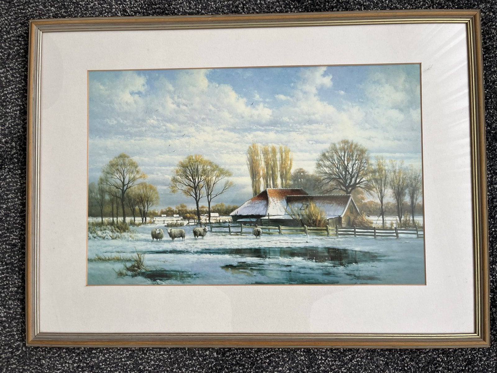 Schilderij winterlandschap met schapen en boerderij, Antiek en Kunst, Realistisch, Landschap, Print, Papier
