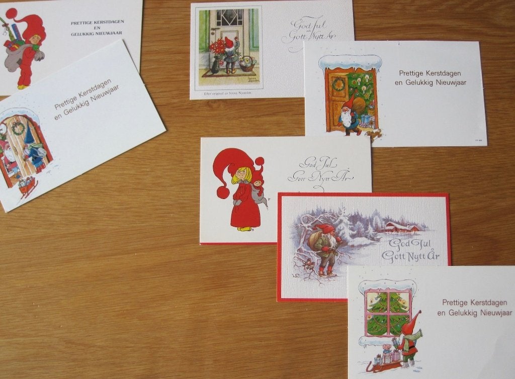 zeven kerstkaarten met kabouter motief, Verzenden, 1980 tot heden, Gelopen, Overige thema's