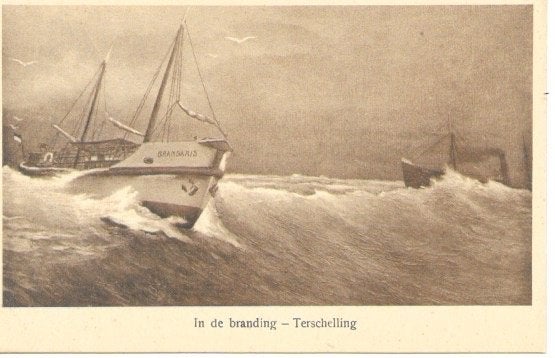 TERSCHELLING In de branding reddingsboot brandaris, Verzamelen, Ophalen of Verzenden, 1920 tot 1940, Ongelopen, Waddeneilanden
