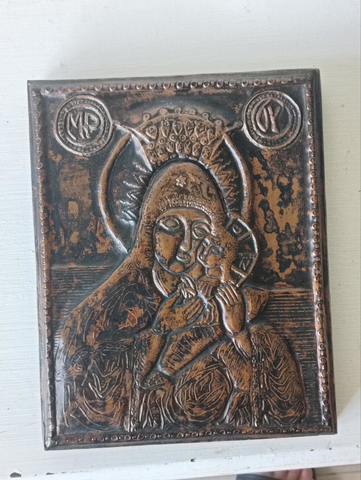 Icoon, brons op hout, laat 18e eeuw, Antiek en Kunst, Antiek | Religie, Ophalen of Verzenden