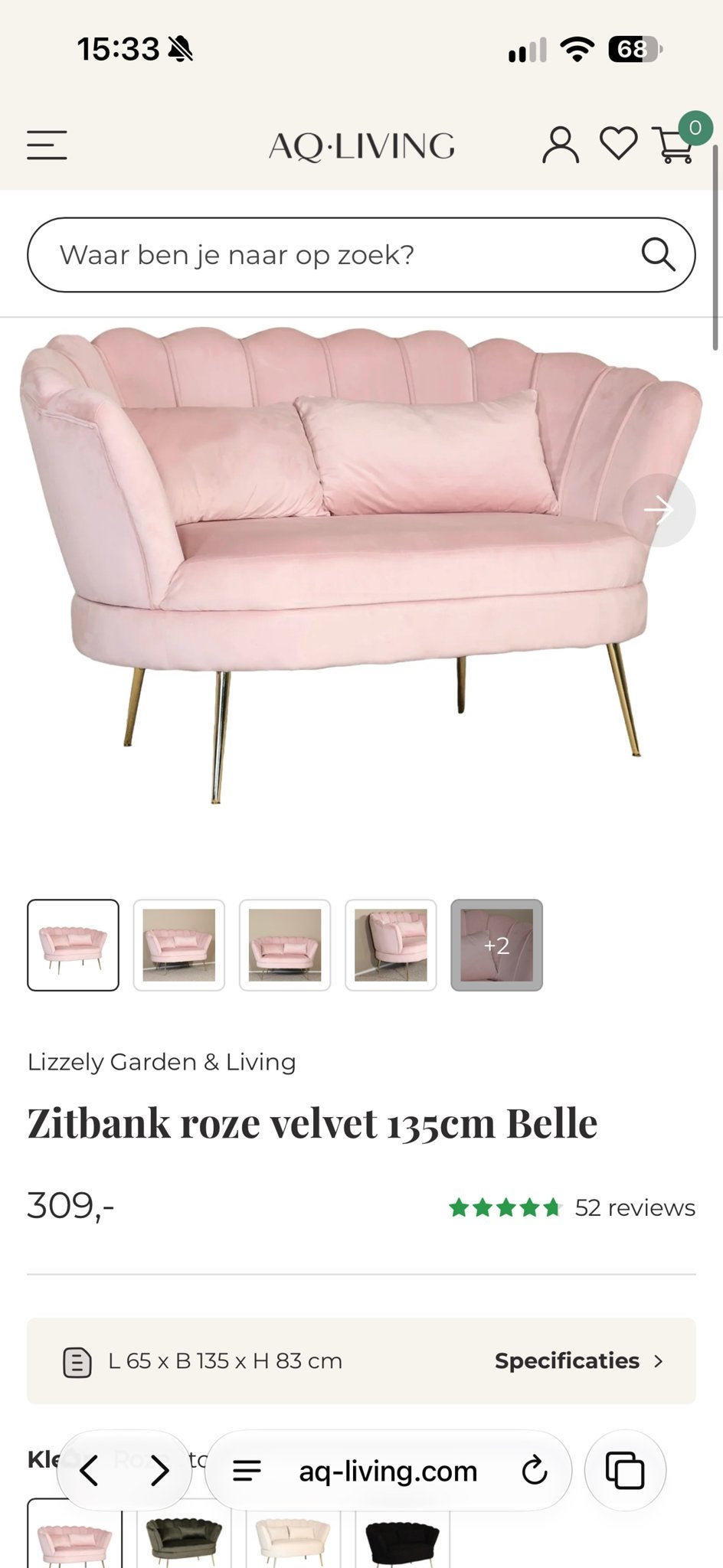 Belle roze velvet bankje - 135cm breed, Ophalen, Gebruikt, Tweepersoons, 75 tot 100 cm