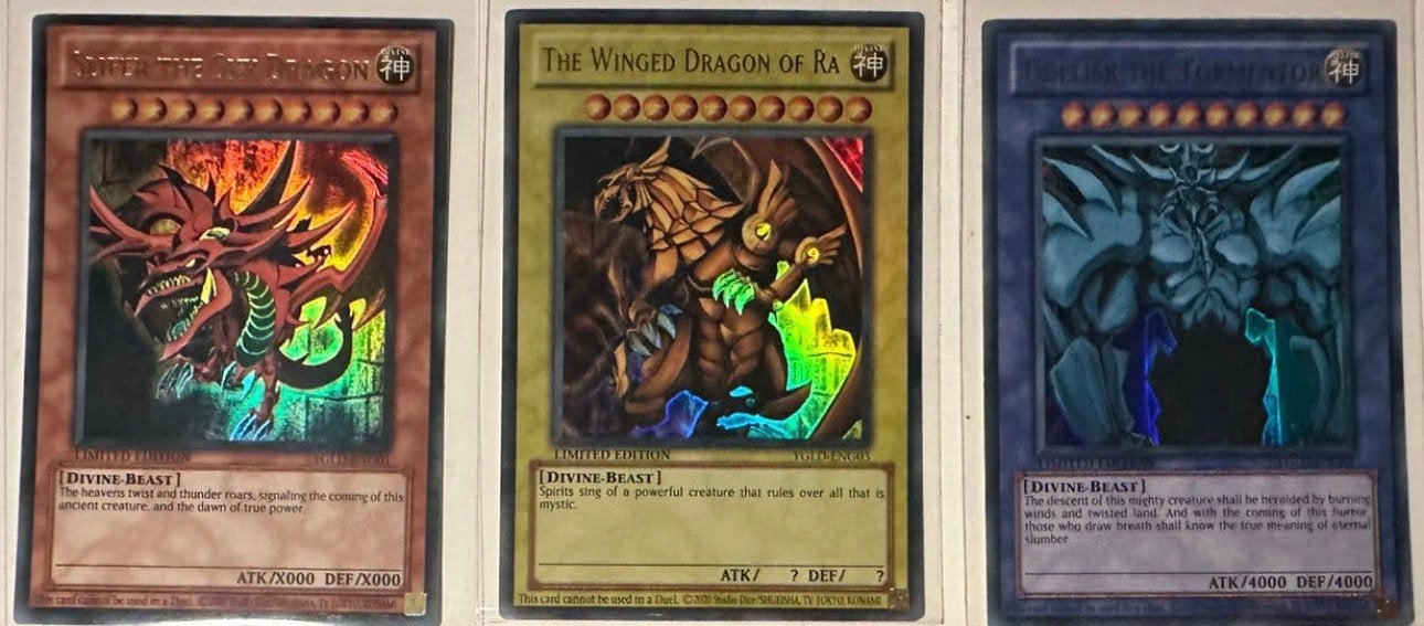 Yu-Gi-Oh! Egyptian God Card Set YGLD Print !, Hobby en Vrije tijd, Ophalen of Verzenden, Zo goed als nieuw, Meerdere kaarten, Foil