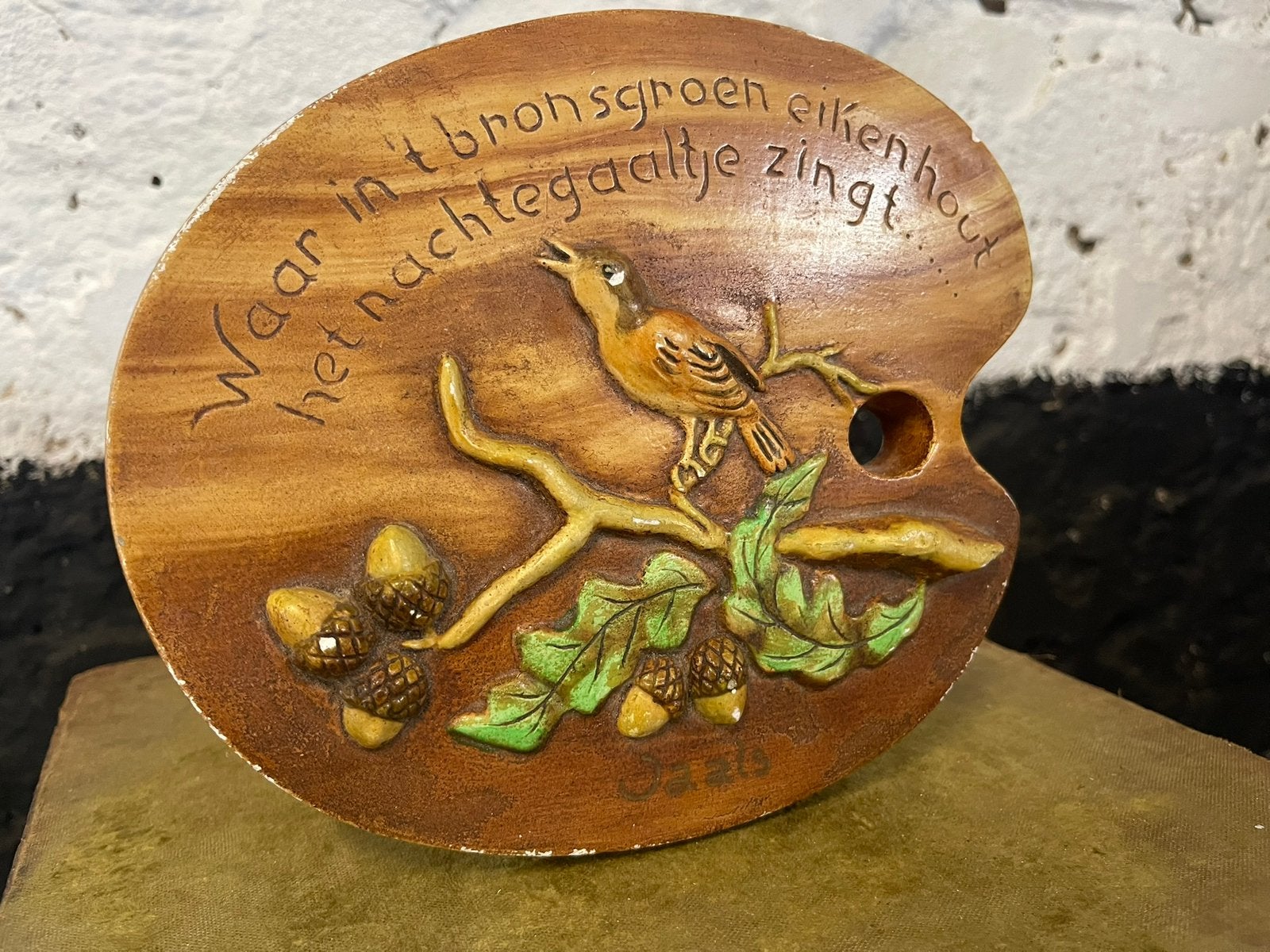 Vintage wandbordje vorm palet vogel herfst met spreuk, Ophalen of Verzenden