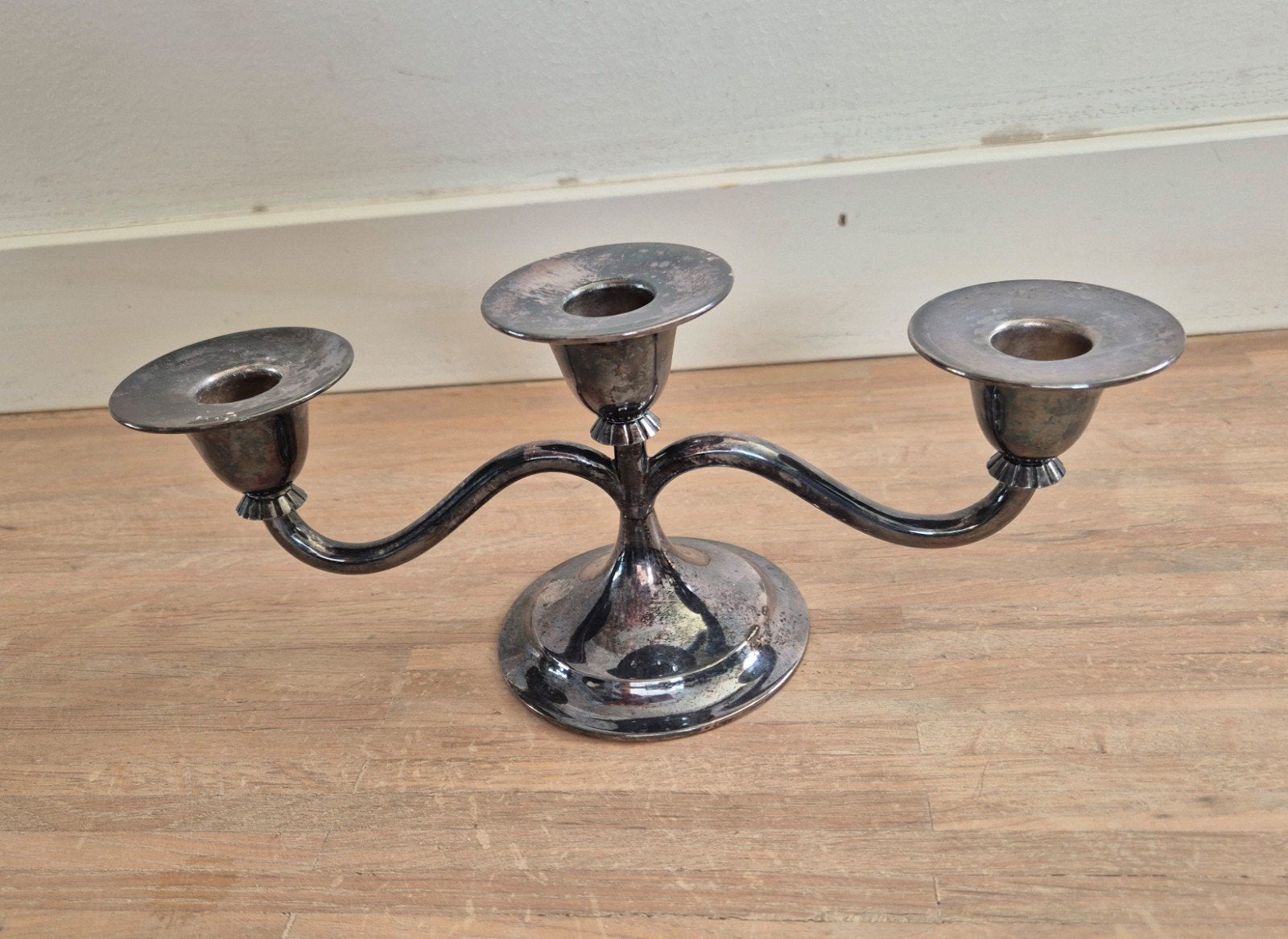 Verzilverd kandelaartje 3 armen, Huis en Inrichting, Woonaccessoires | Kandelaars en Kaarsen, 10 cm, Gebruikt, Ophalen of Verzenden