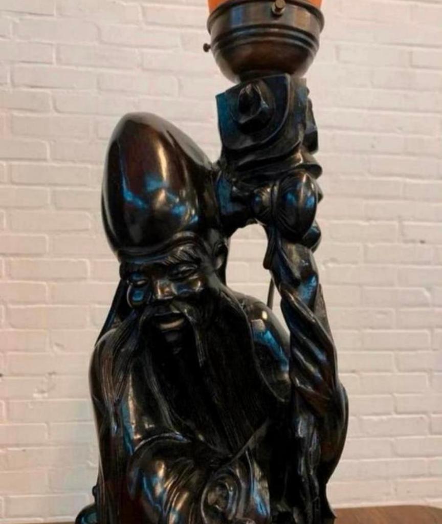 lamp van oud antiek Indonesisch Balinese houtsnijwerk beeld., Huis en Inrichting, Ophalen of Verzenden, Zo goed als nieuw