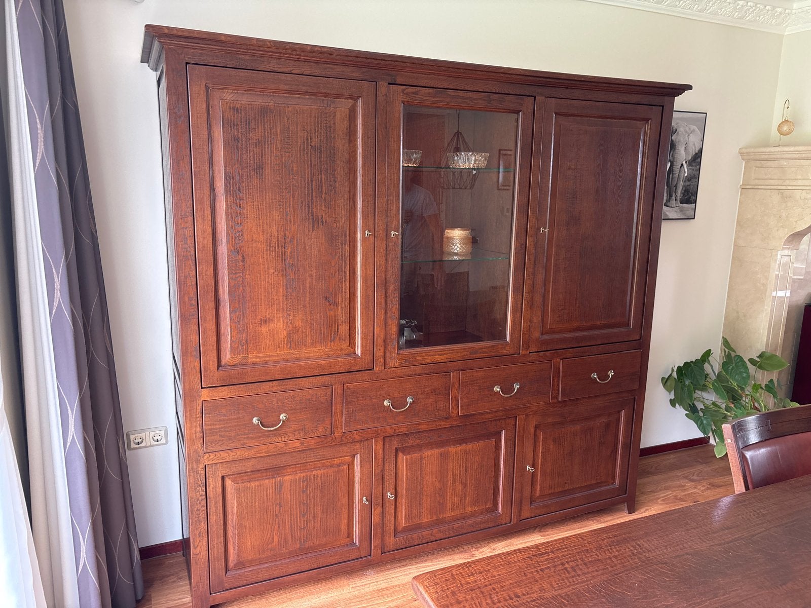 Massief eiken dressoir/vitrinekast met lades en deuren, Ophalen, 200 cm of meer, 150 tot 200 cm, Eikenhout