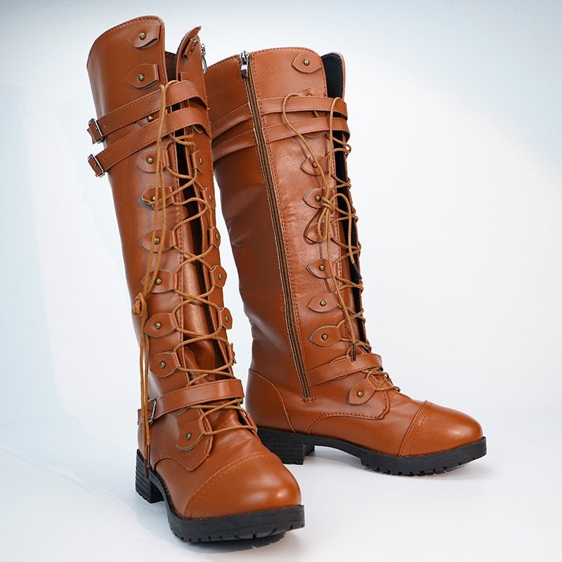 Bruine leren hoge laarzen met veter en rits dames steampunk, Verzenden, Nieuw, Bruin, Hoge laarzen