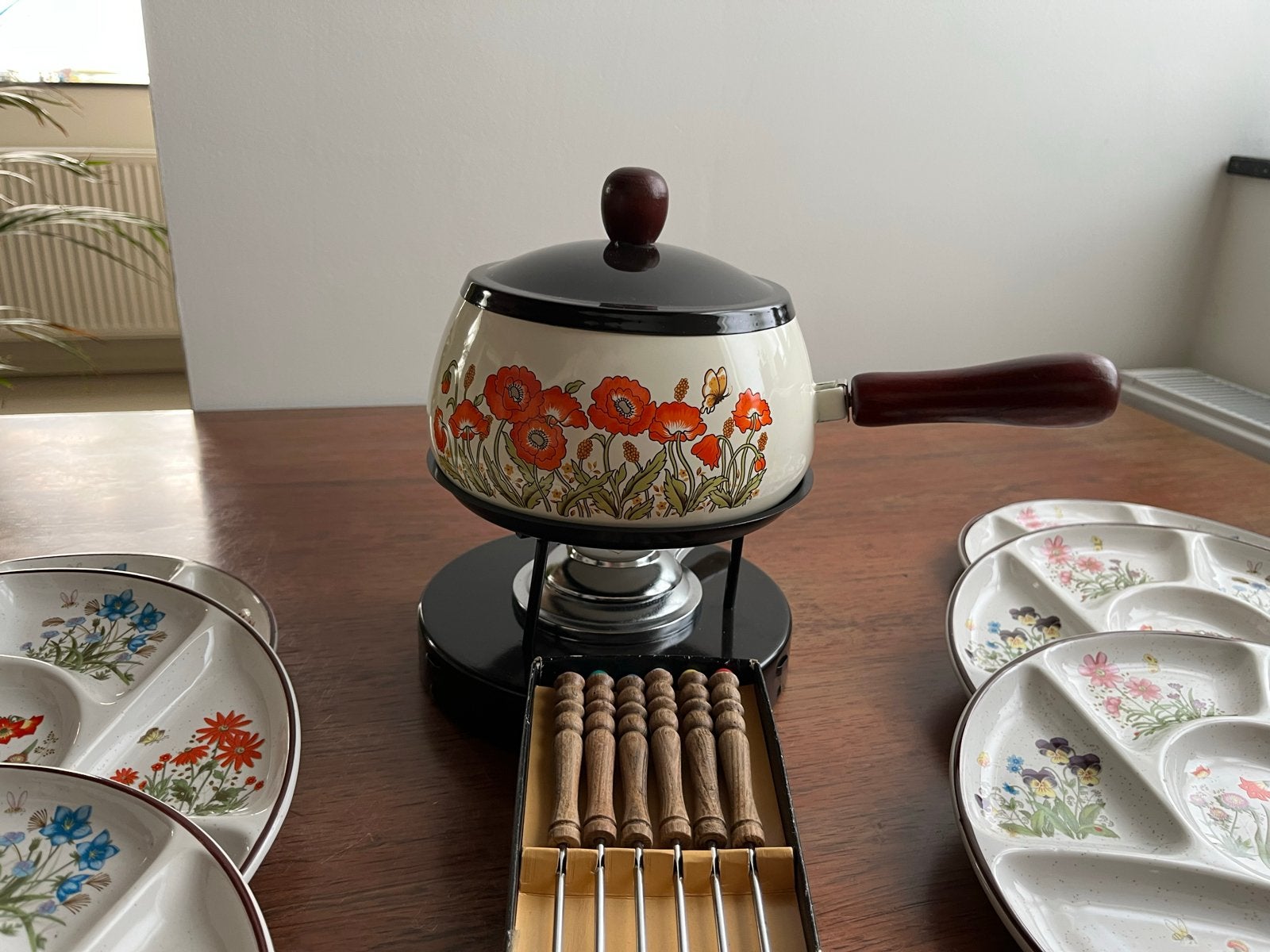 Vintage Fondue Set Wildflower en Borden, Huis en Inrichting, Keuken | Servies, Gebruikt, Overige merken, Keramiek, Overige typen