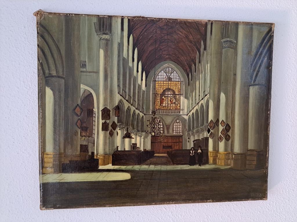 Schilderij kerkinterieur Bavo kerk in Haarlem. Gesign Mulder, Antiek en Kunst, Ophalen of Verzenden