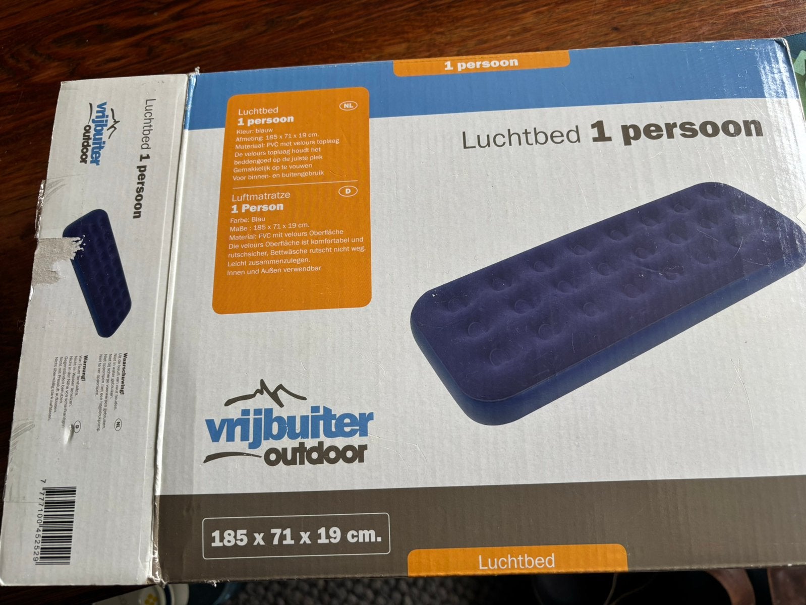LUCHTBED 185x71x 19cm VRIJBUITER BINNEN- en BUITENGEBRUIK, Ophalen of Verzenden, Zo goed als nieuw, 1-persoons