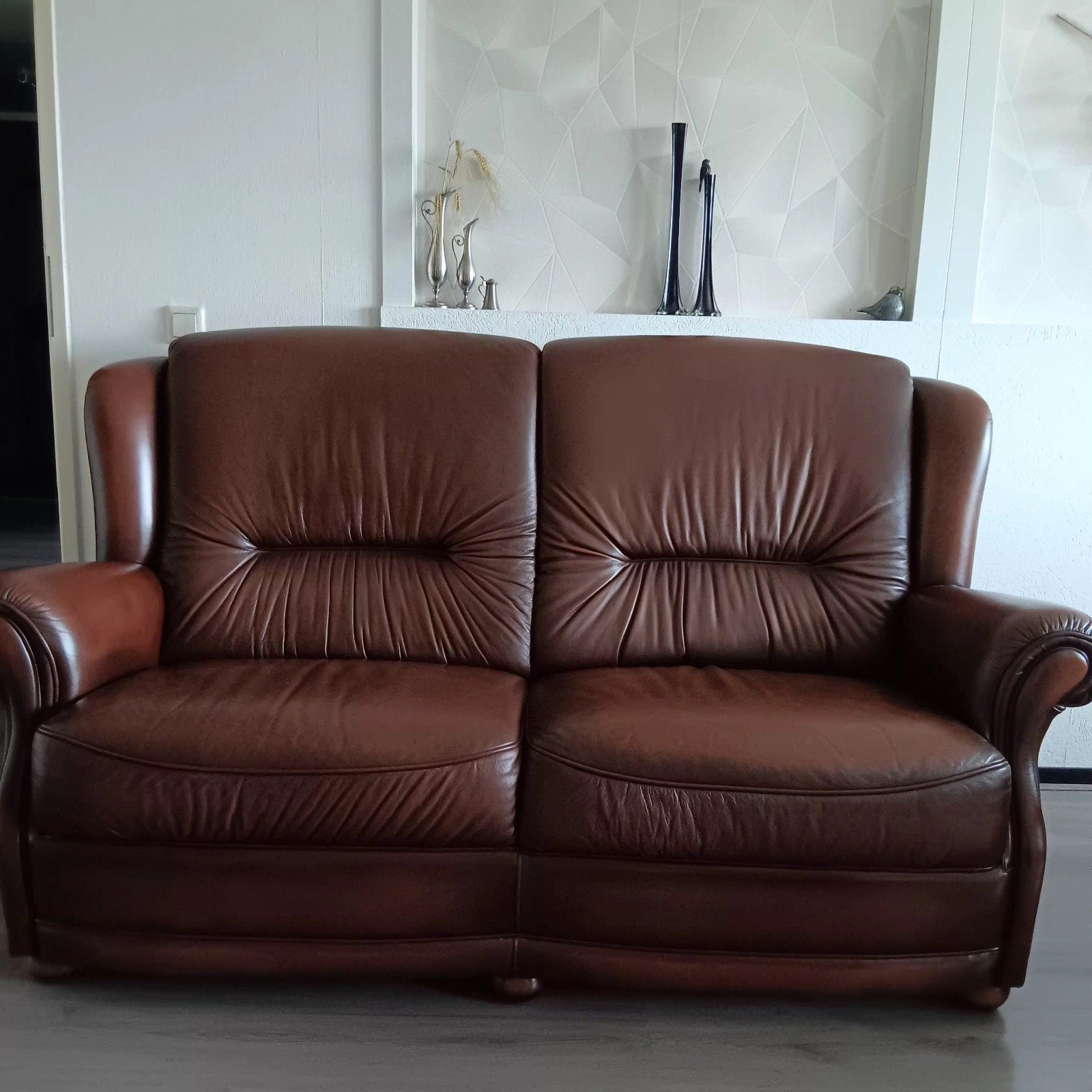 Leren bank en fauteuil - Bruin leer, Ophalen, Gebruikt, Tweepersoons, Leer
