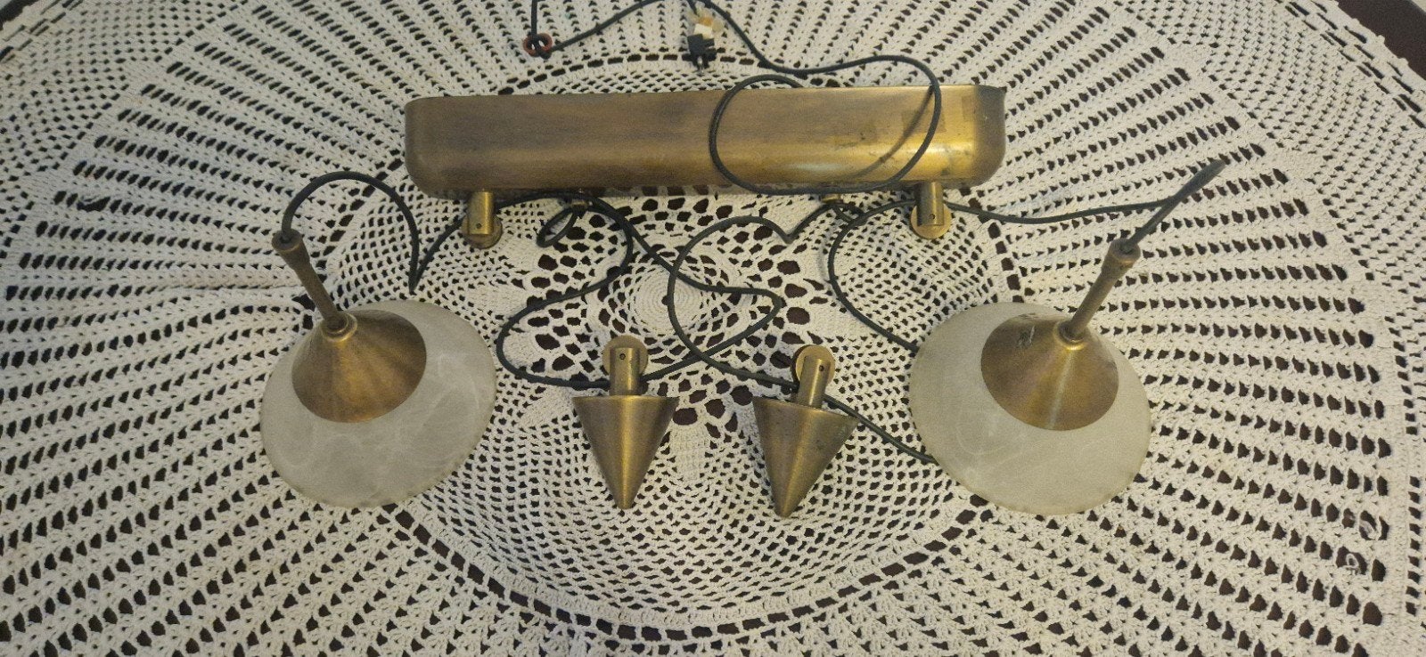Vintage hanglamp Messing/brons en gemarmerde glazen, Ophalen, Gebruikt, Vintage, Klassiek, Retro, Overige fittingen