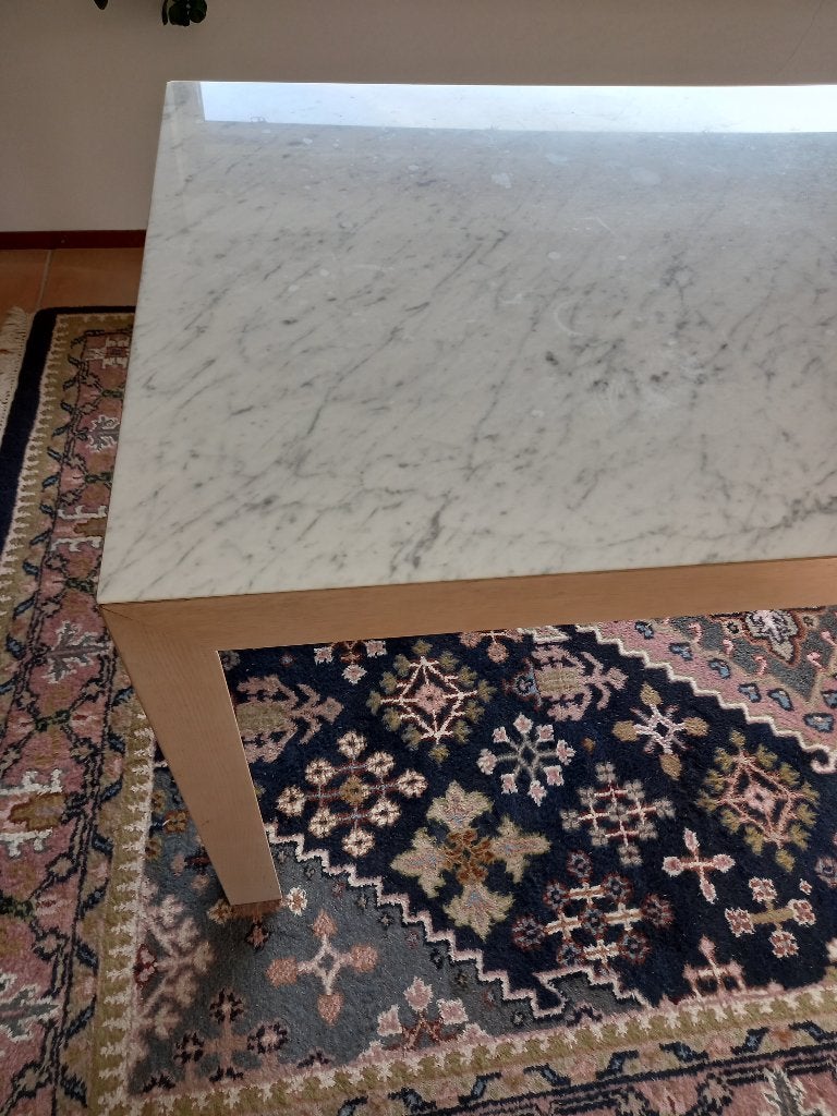 Eettafel, marmer wit,  met licht eikenhouten frame, Ophalen, Overige materialen, Gebruikt, Modern, Tijdloos
