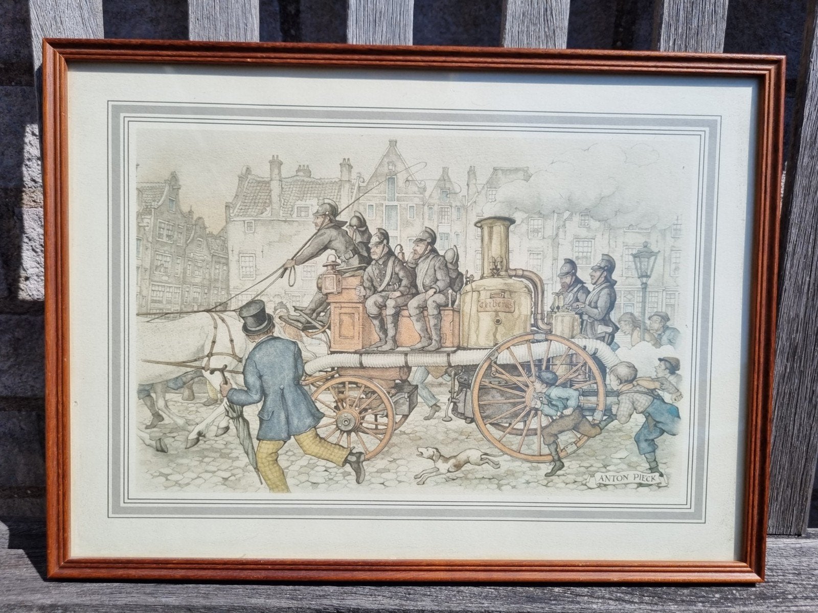 Ingelijste print Anton Pieck Brandweer rukt uit!, Ophalen of Verzenden