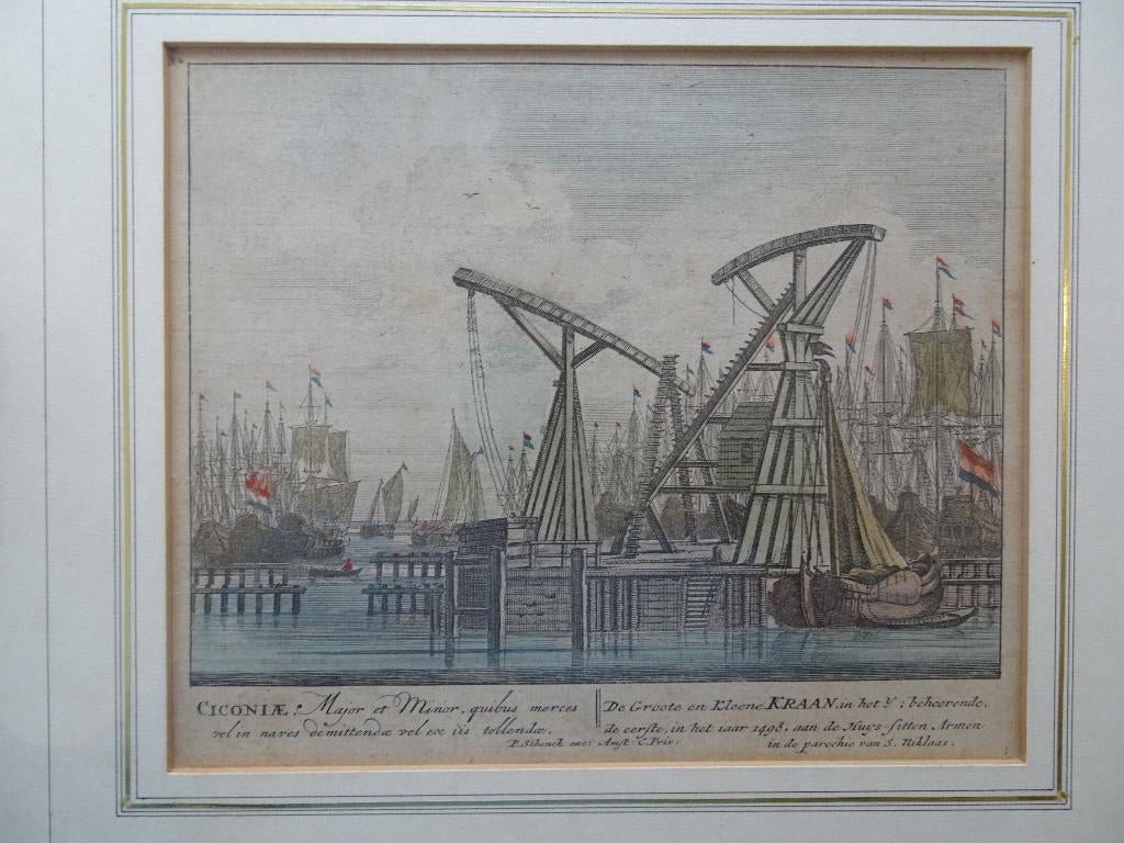 gravure 2 kranen IJ te Amsterdam Schreierstoren Schenk 1700, Antiek en Kunst, Kunst | Etsen en Gravures, Verzenden