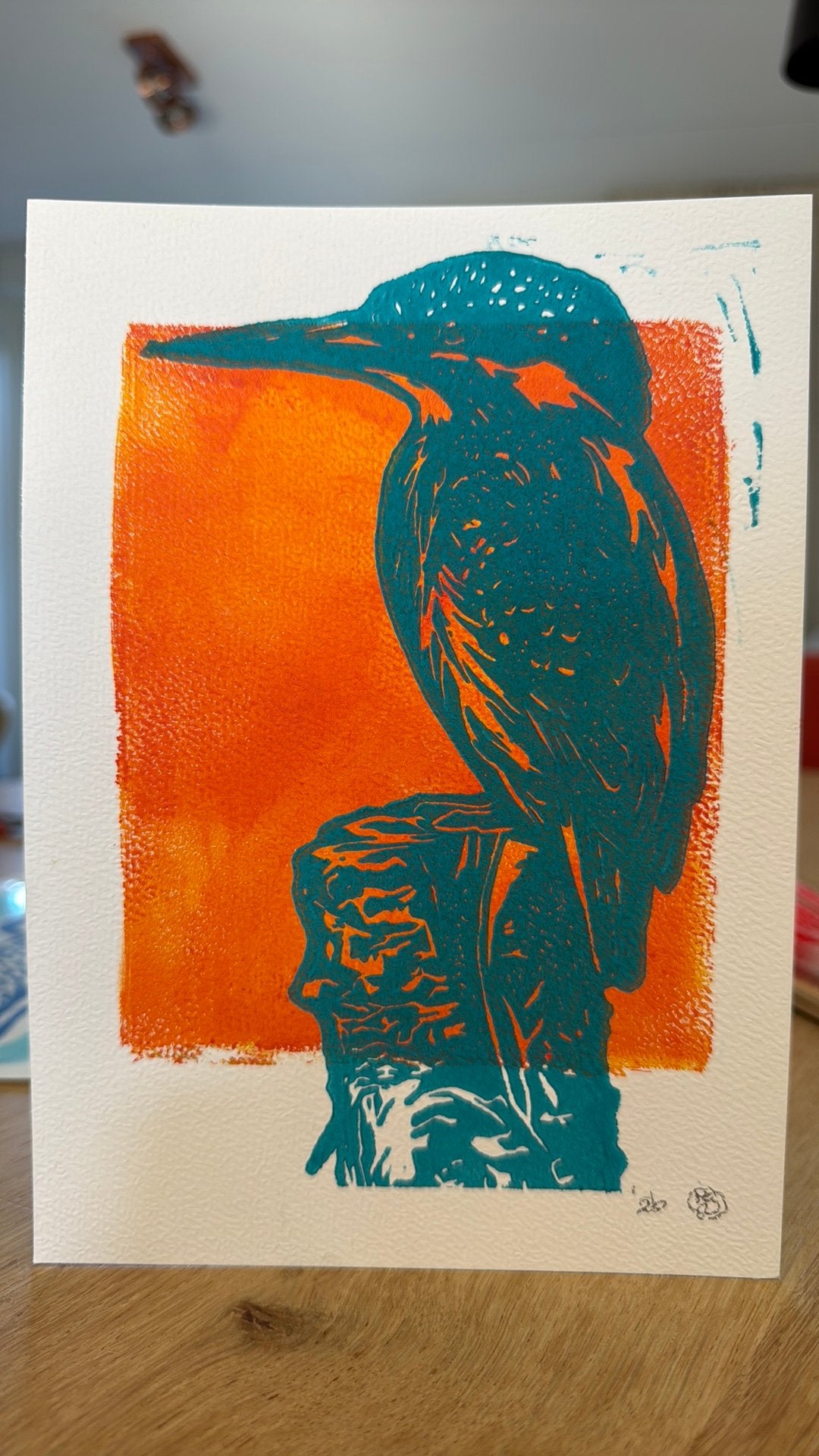 Lino snede afdruk ijsvogel op A5, Antiek en Kunst, Ophalen of Verzenden