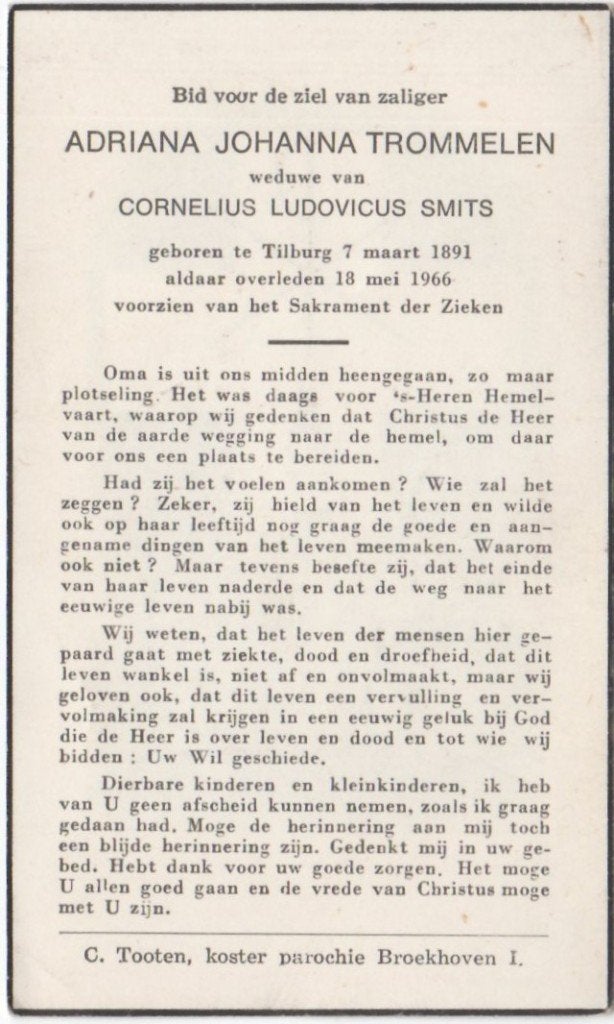 Adriana J. Trommelen 1891 Tilburg + 1966 Tilburg, 75 jaar, Ophalen of Verzenden