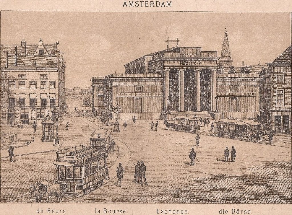 Amsterdam de Beurs La Bourse Litho 1883 Uitg. J.F. Haeseker, 10 cm, 1800 - 1899, Stadsgezicht, Ophalen of Verzenden