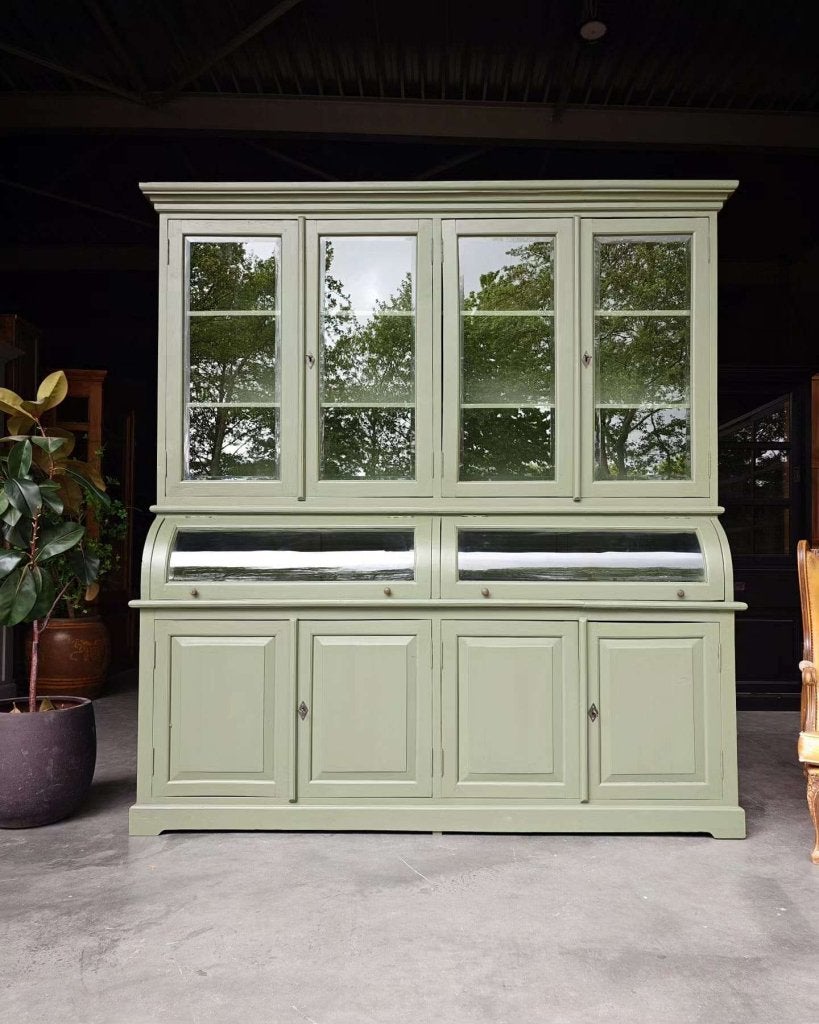 Prachtige mosgroene grutterskast | Apothekerskast teak #2527, Glas, Vintage / antiek, 200 cm of meer, Vintage / antiek