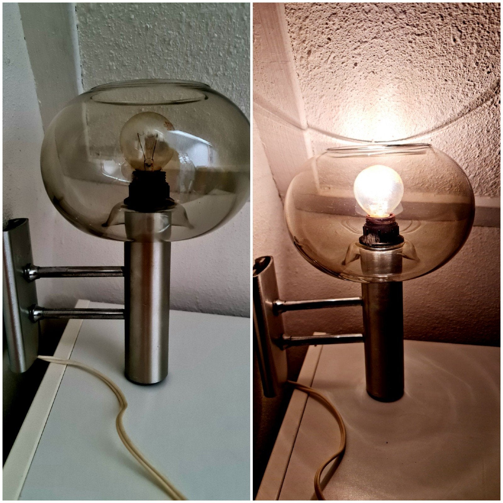 Vintage wandlamp muurlamp smoke glass bol jaren '70 mooi, Ophalen
