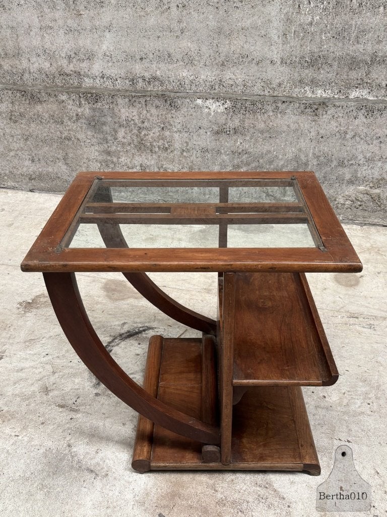 Unieke Art Deco sidetable jaren 30 met elegante boogpoot, 50 – 75, Minder dan 50 cm, 50 tot 100 cm, Overige houtsoorten