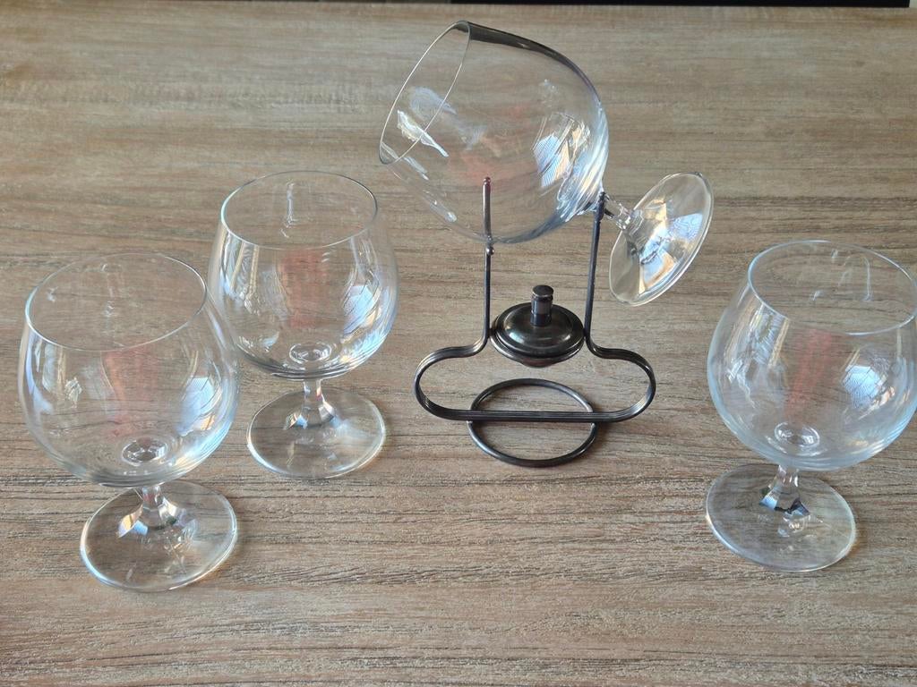 Brandy / Cognac warmer met 4 kristallen glazen, Antiek en Kunst, Antiek | Glas en Kristal, Ophalen of Verzenden