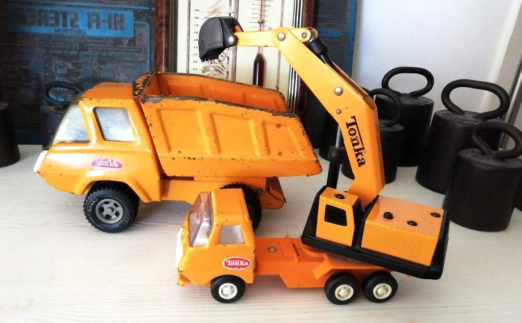 Vintage Tonka verlengde graafmachine Japan grote kiepwagen, Verzamelen, Ophalen of Verzenden, Zo goed als nieuw