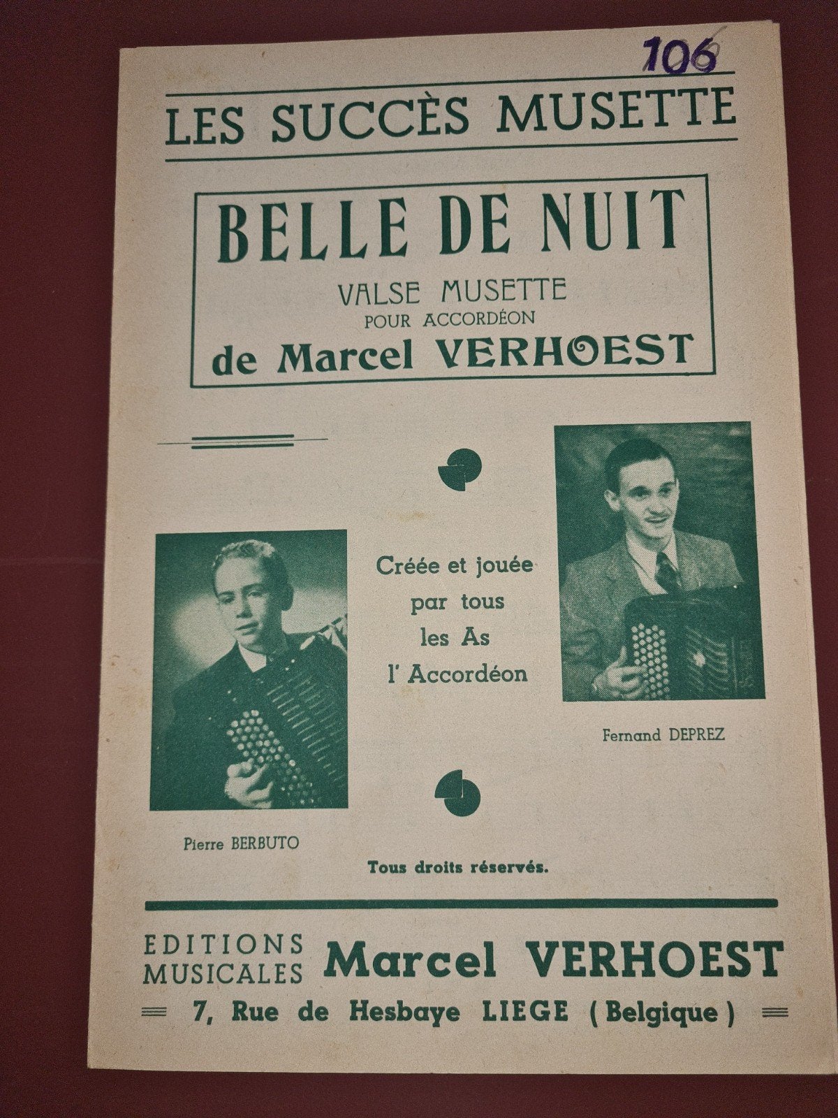 Bladmuziek: Belle de Nuit - Marcel Verhoest (Accordeon), Gebruikt, Overige genres, Ophalen of Verzenden, Artiest of Componist