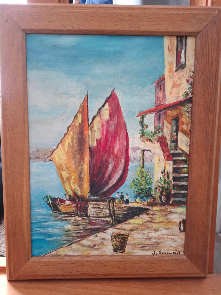 Schilderij J.v. Spierenburg - Havenzicht met zeilboten, Ophalen of Verzenden