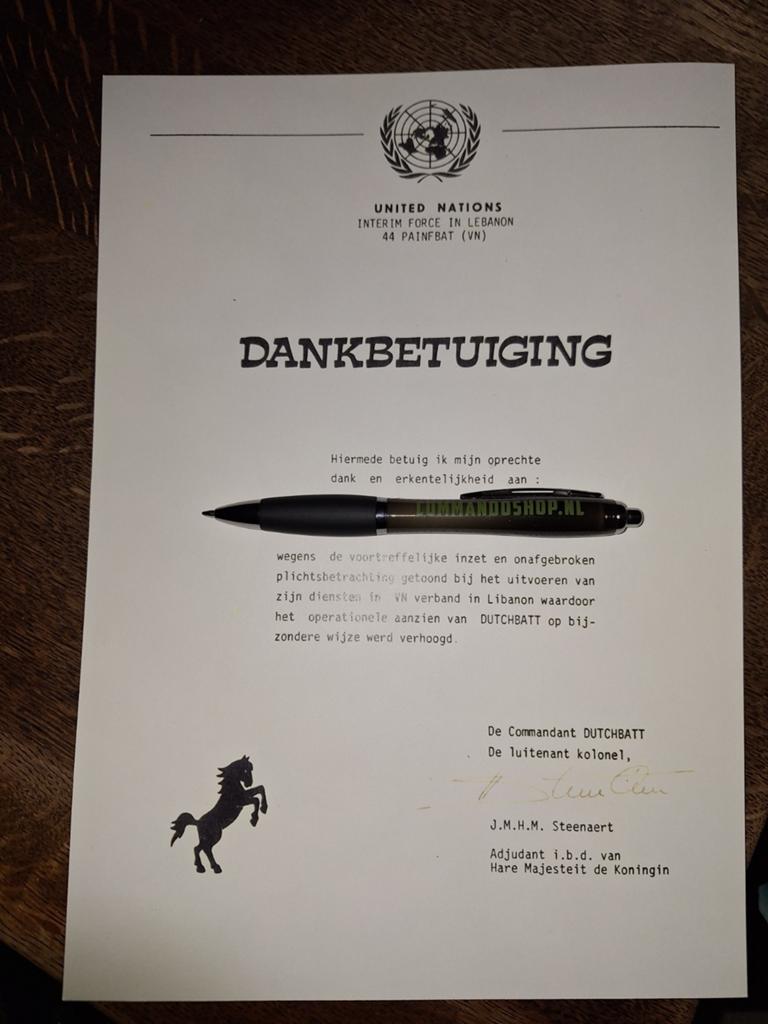 Dankbetuiging UN libanon, Verzamelen, Militaria | Algemeen, Verzenden, Landmacht, Nederland