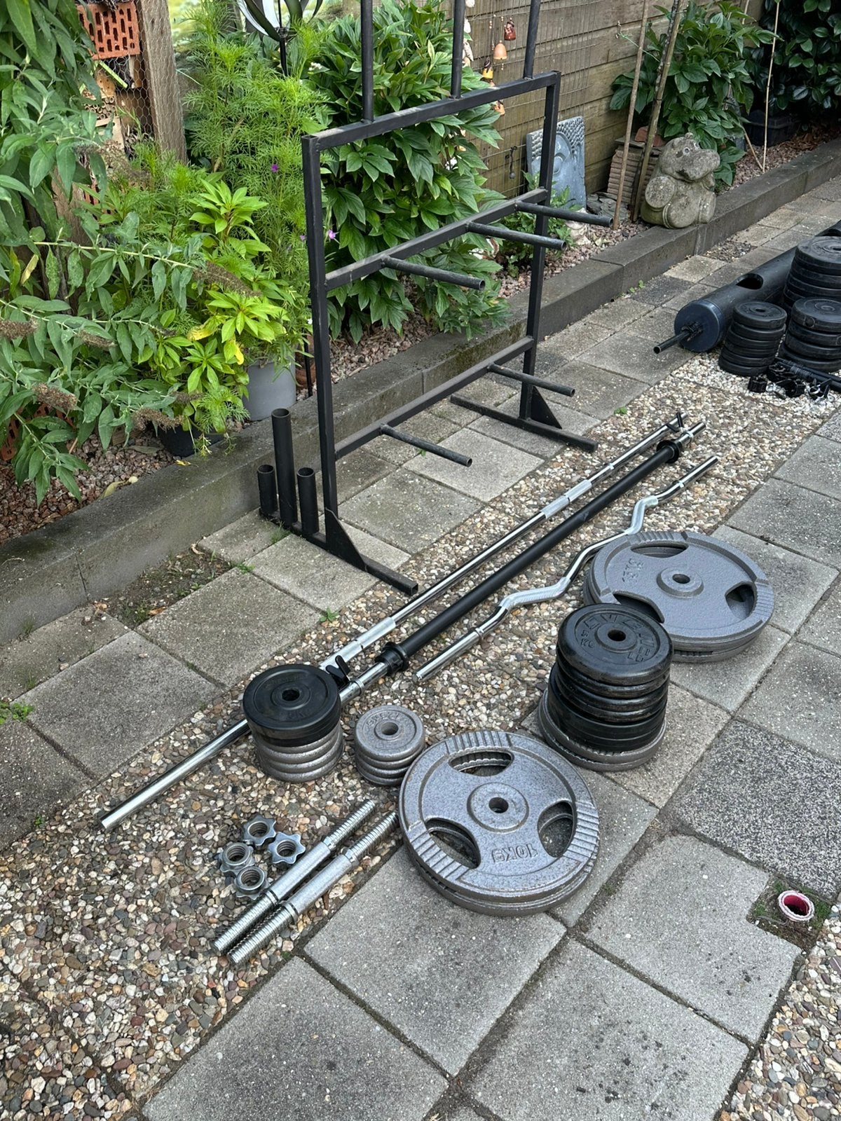 30mm gewichten met stangen en opbergrek, Ophalen, Gebruikt