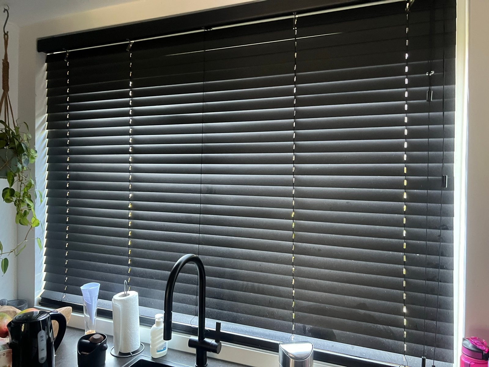 Zwarte brede houten luxaflex jaloezieën, Ophalen, Jaloezie, Gebruikt, Overige merken