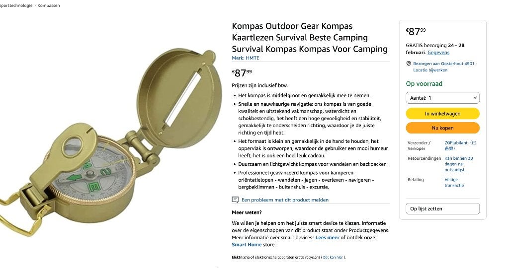 Camping survival kompas HMTE 45,-, Ophalen of Verzenden, Zo goed als nieuw, Gps of Kompas