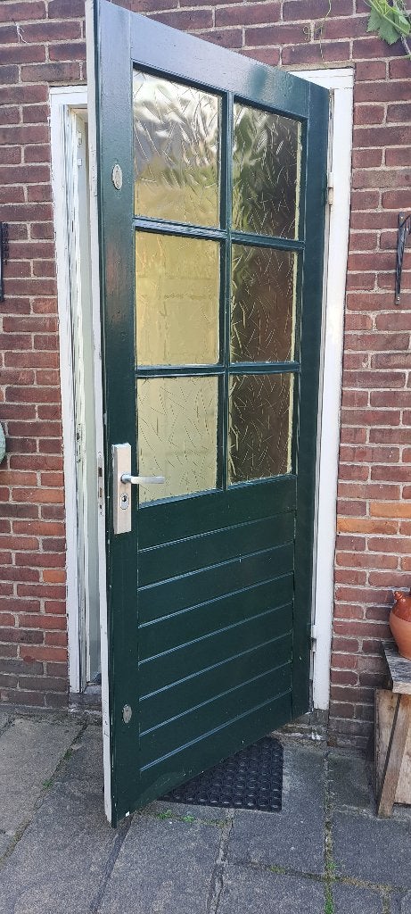 Authentieke houten achterdeur met goud/amber figuurglas, Ophalen, Gebruikt, 80 tot 100 cm, Buitendeur